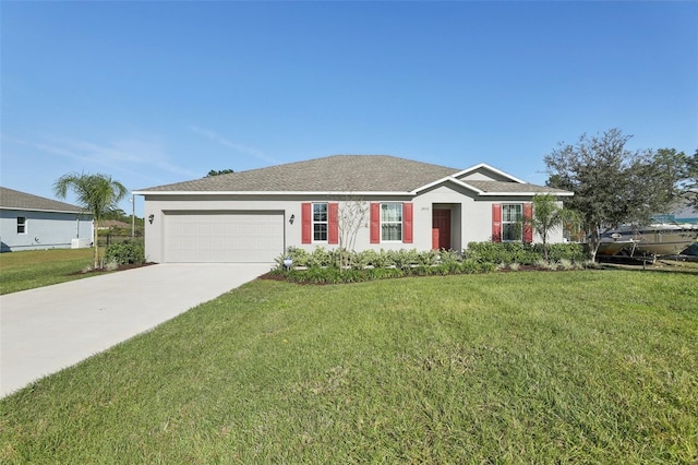 single story home featuring a front yard and a garage