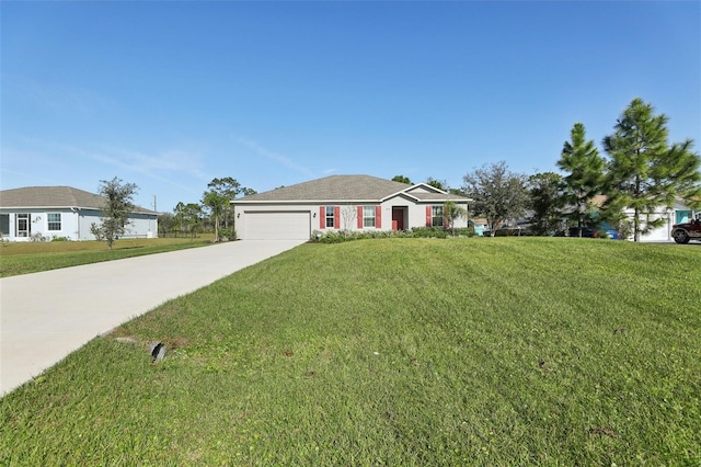 single story home featuring a front yard and a garage