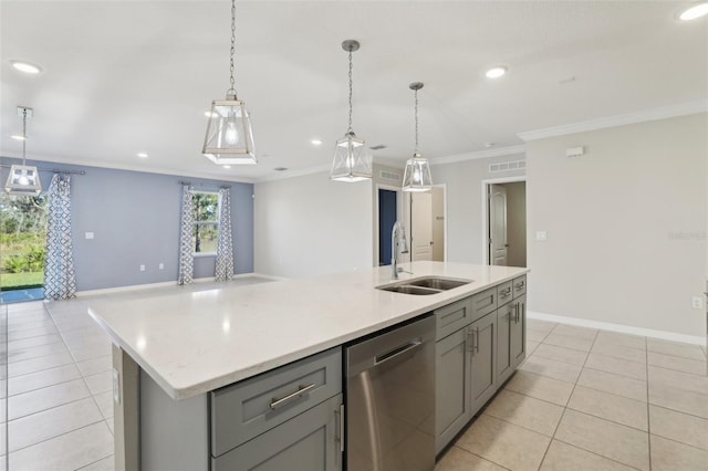 kitchen with dishwasher, sink, gray cabinets, a center island with sink, and ornamental molding