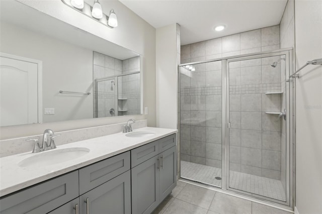 bathroom with tile patterned flooring, vanity, and a shower with door