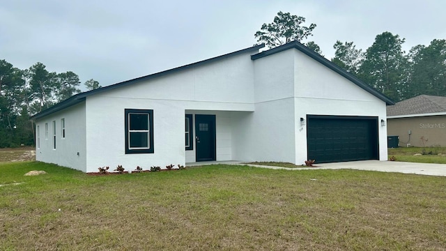 single story home featuring concrete driveway, an attached garage, central air condition unit, a front lawn, and stucco siding