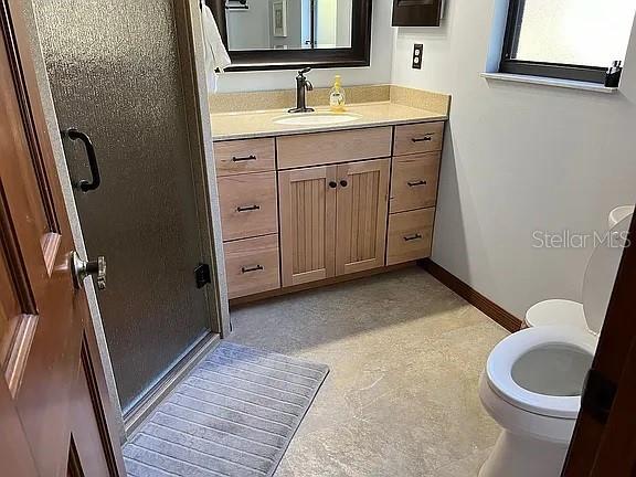 bathroom with vanity, toilet, and walk in shower