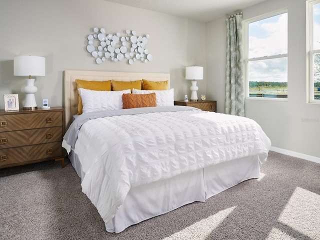 bedroom featuring carpet flooring, multiple windows, and a water view