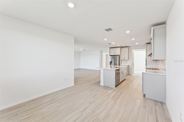 kitchen featuring stainless steel appliances, sink, light hardwood / wood-style flooring, an island with sink, and backsplash