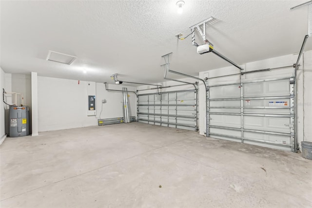 garage with electric panel, electric water heater, and a garage door opener