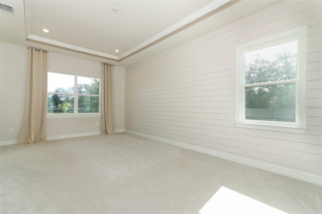 spare room with a raised ceiling, crown molding, wooden walls, and light carpet