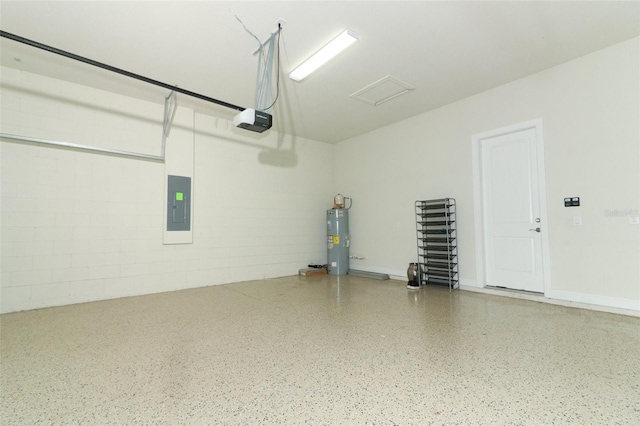 garage featuring a garage door opener, electric water heater, and electric panel