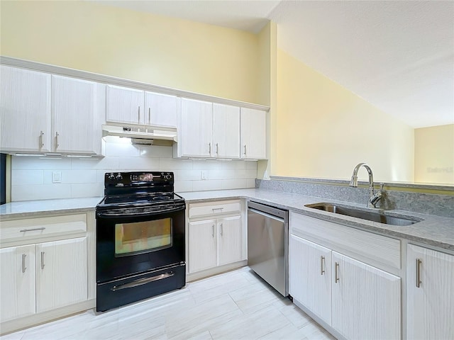 kitchen featuring decorative backsplash, black electric range, stainless steel dishwasher, and sink