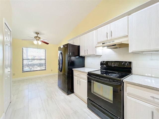 kitchen with backsplash, light stone counters, vaulted ceiling, ceiling fan, and black appliances