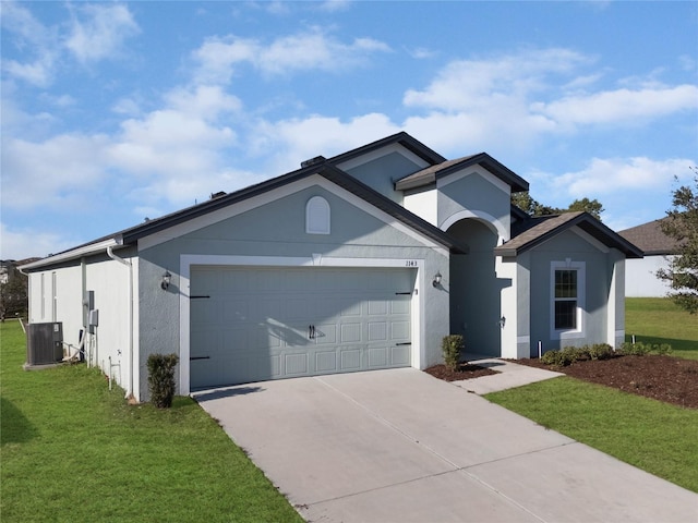 view of front of property with a front lawn, central air condition unit, and a garage