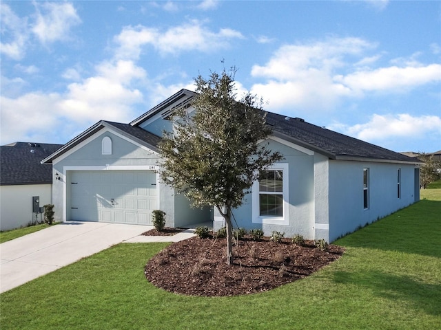 ranch-style home featuring a front yard and a garage