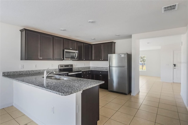 kitchen featuring appliances with stainless steel finishes, dark stone countertops, sink, kitchen peninsula, and dark brown cabinets