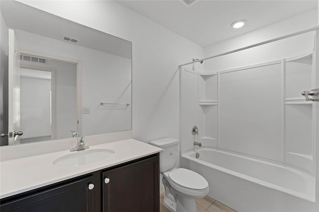 full bathroom with toilet, tile patterned floors, tub / shower combination, and vanity