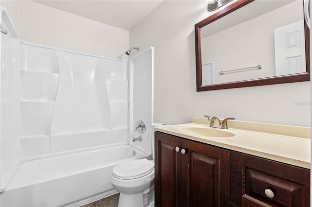 full bathroom with toilet, bathtub / shower combination, and vanity