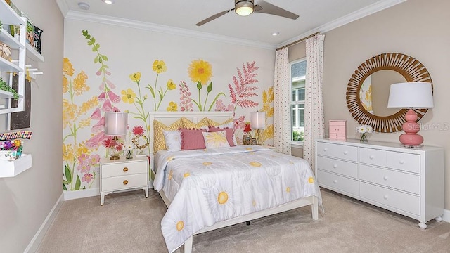 bedroom featuring ceiling fan, ornamental molding, and light carpet