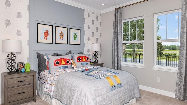 carpeted bedroom featuring crown molding