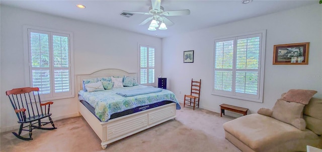 bedroom with carpet floors, baseboards, recessed lighting, and a ceiling fan