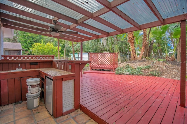 deck featuring ceiling fan and sink