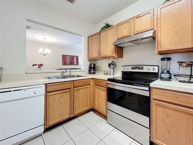 kitchen featuring sink, light tile patterned floors, electric range, dishwasher, and a chandelier