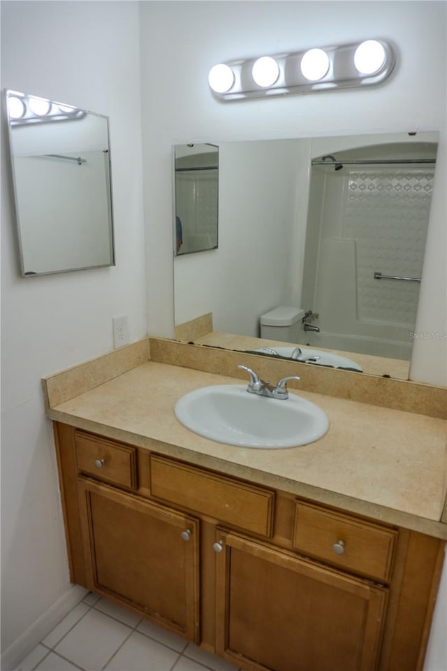 full bathroom featuring shower / washtub combination, tile patterned flooring, vanity, and toilet