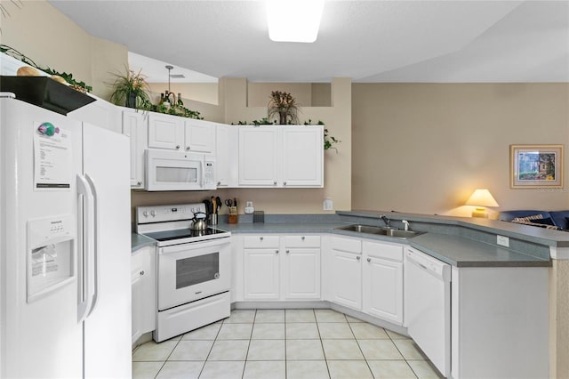 kitchen with sink, light tile patterned floors, kitchen peninsula, white appliances, and white cabinets