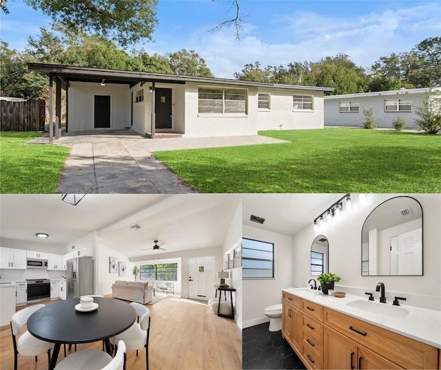 exterior space with a patio area, a lawn, and a sink