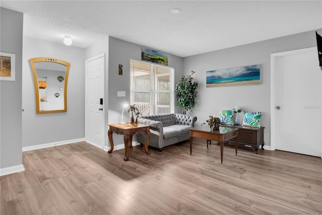 living area featuring a textured ceiling and light hardwood / wood-style flooring