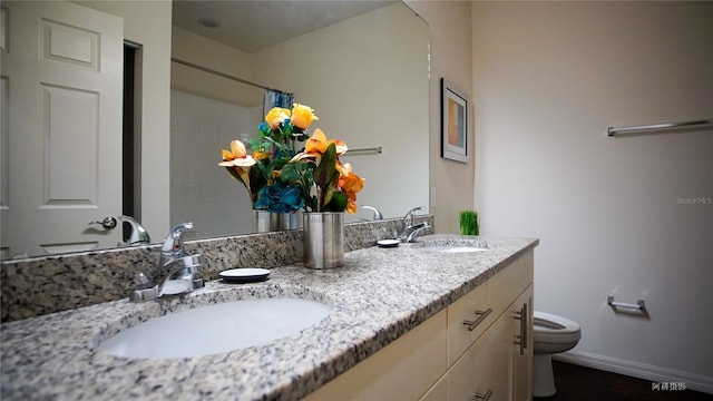 bathroom featuring a shower with shower curtain, vanity, and toilet