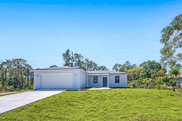 single story home with a garage, stucco siding, concrete driveway, and a front lawn