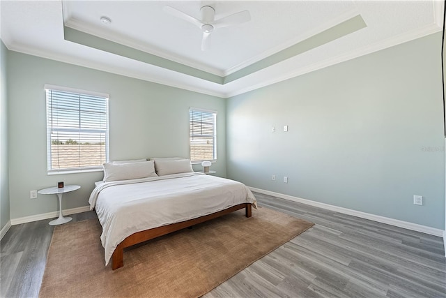 bedroom with a raised ceiling, multiple windows, and ceiling fan