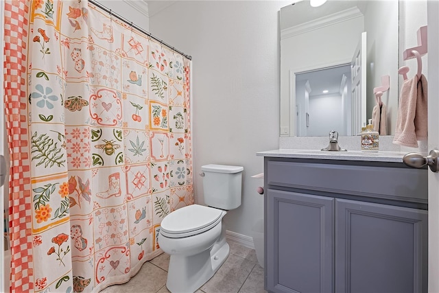 bathroom featuring toilet, tile patterned flooring, vanity, and ornamental molding