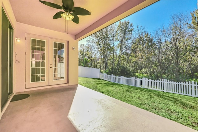 view of patio / terrace featuring french doors and ceiling fan