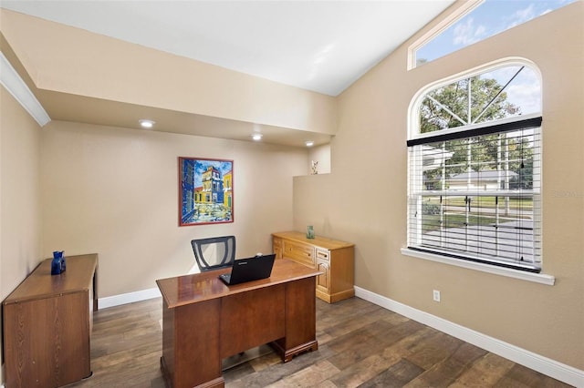 office with dark hardwood / wood-style floors and vaulted ceiling