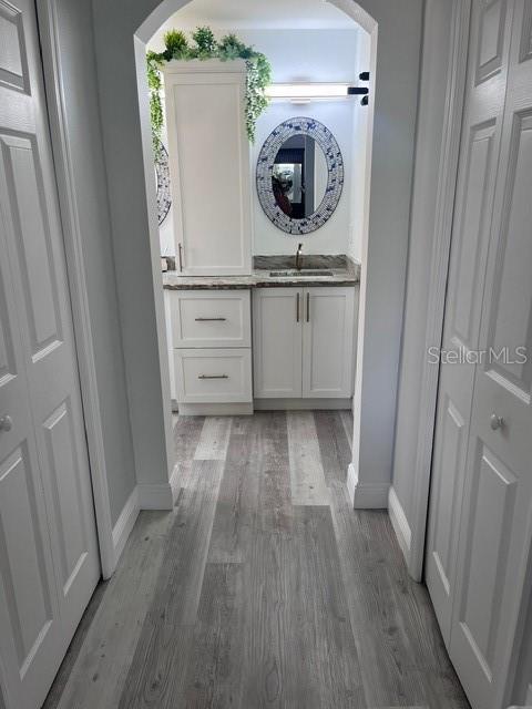 bathroom featuring hardwood / wood-style floors and vanity