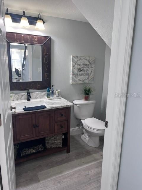 bathroom featuring vanity, wood-type flooring, and toilet