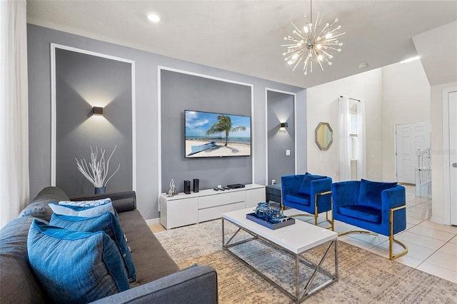 tiled living room featuring a chandelier