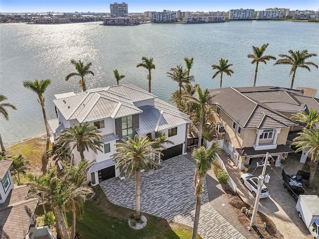 aerial view featuring a water view