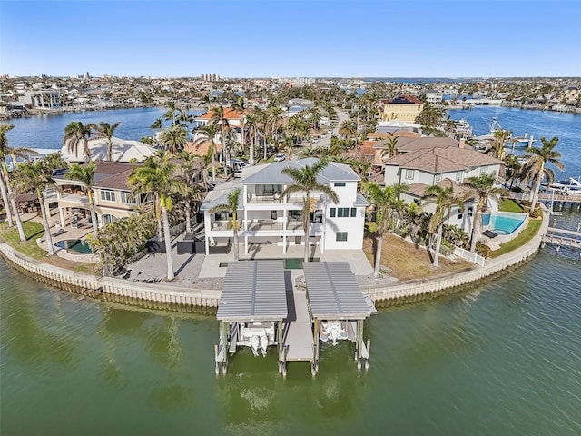 aerial view featuring a water view