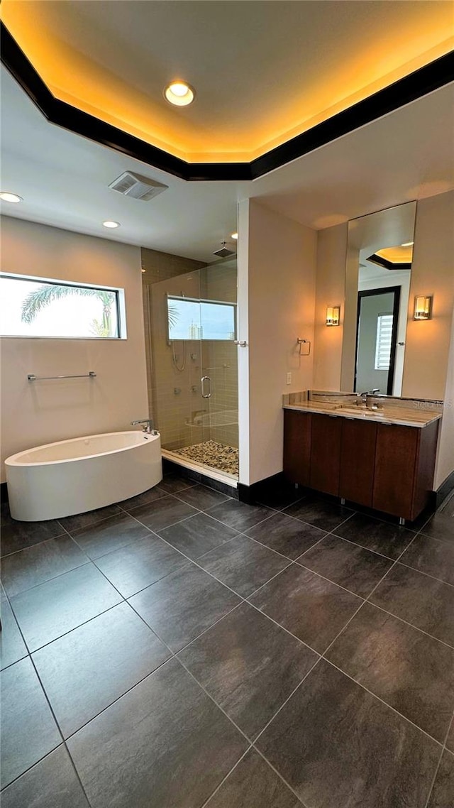 bathroom featuring a raised ceiling, vanity, and plus walk in shower