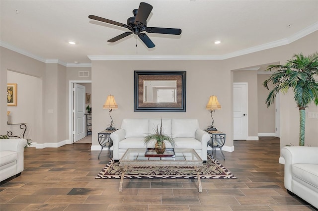 living room featuring crown molding and ceiling fan