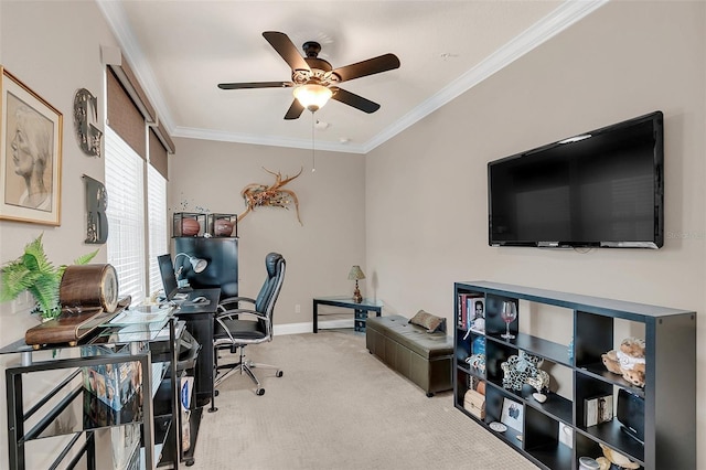 carpeted office space with ceiling fan and ornamental molding