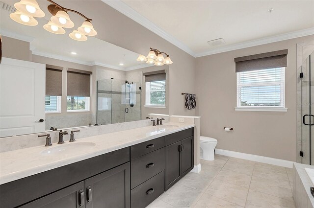 bathroom featuring crown molding, toilet, vanity, and walk in shower