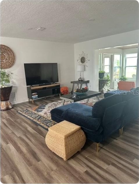 living room featuring hardwood / wood-style flooring and a textured ceiling