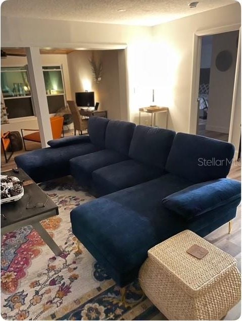 living room with built in features and wood-type flooring