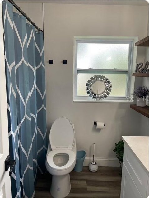 bathroom with hardwood / wood-style floors and vanity