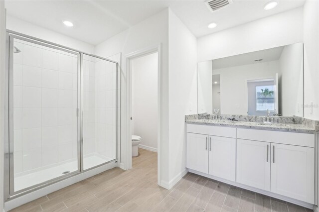 bathroom with vanity, toilet, and a shower with shower door