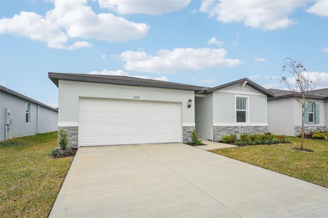 ranch-style house with a garage and a front lawn