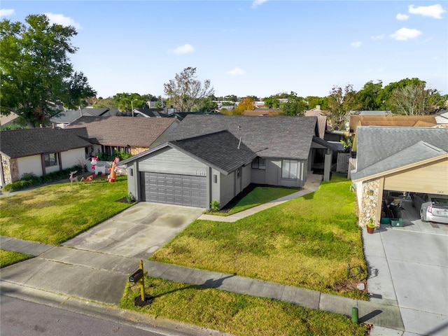 ranch-style house with a front lawn and a garage