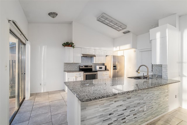 kitchen with white cabinets, sink, kitchen peninsula, and stainless steel appliances