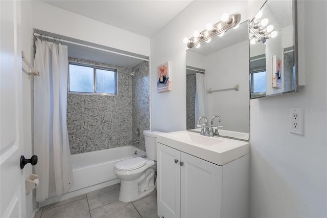 full bathroom featuring vanity, tile patterned flooring, shower / bathtub combination with curtain, and toilet